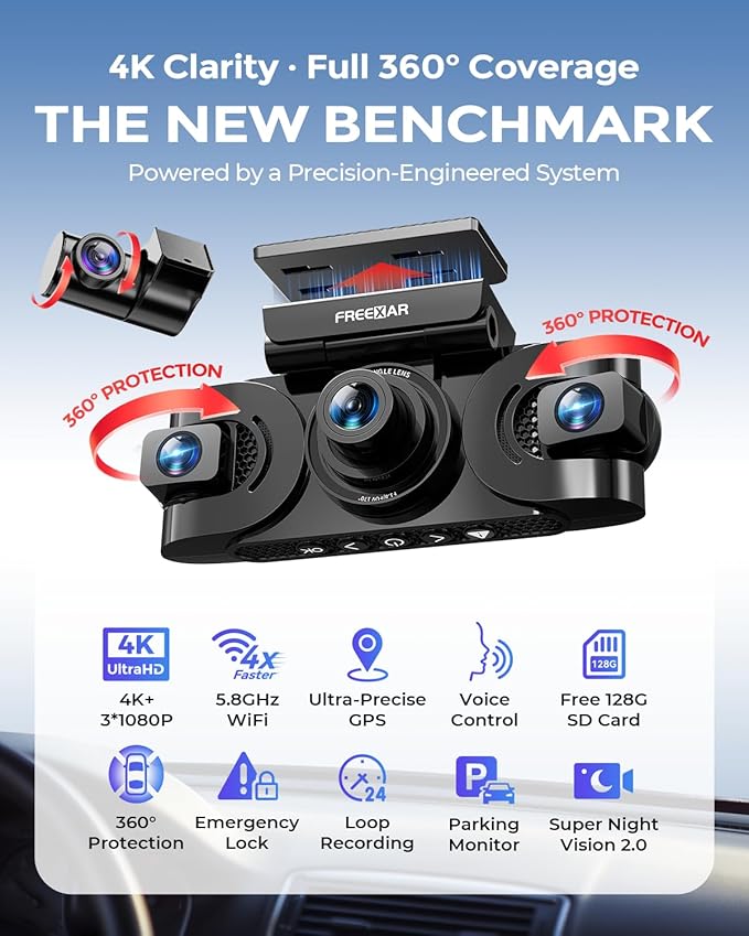 4K 360° Dash Cam, 4 Channel Dashcam Front and Rear Inside & Outside with WiFi, GPS, Parking Mode, Voice Control, Car Protection for Safer Driving, Teens, Road Trip, Travel, Family & Vanlife