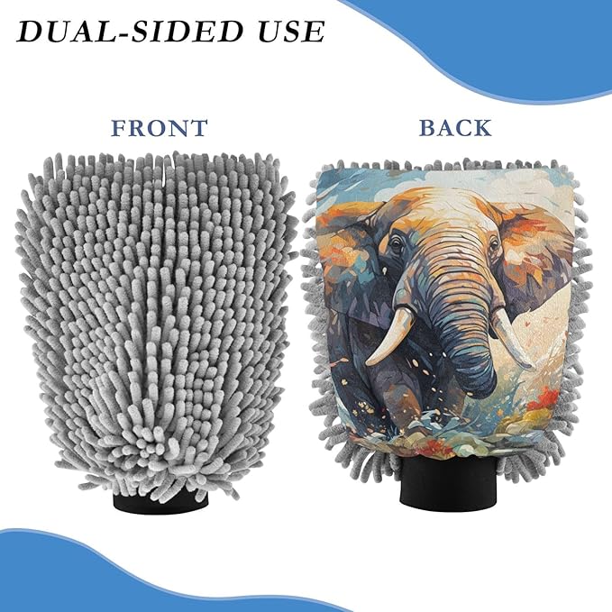 ALAZA Elephant in Forest Car Wash Mitt Scratch Free, 2 Pack Absorbent Microfiber/Chenille Washing & Drying Mitts, L