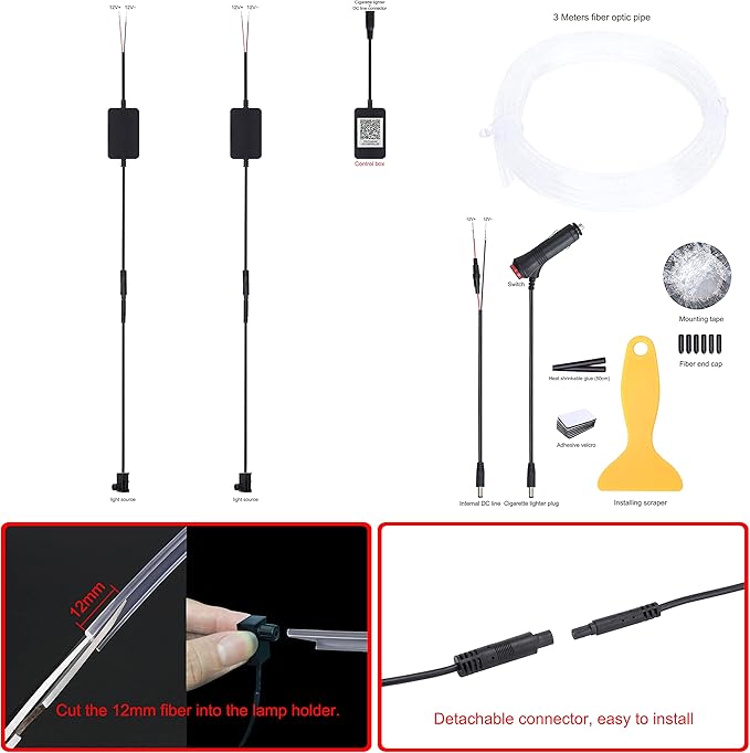 Car Interior Ambient Lighting Optic Fiber RGB 64 Colors Multicoloured Music Car Footwell Lighting Kit with Cigarette Lighter and App Microphone, 12-24V 3m