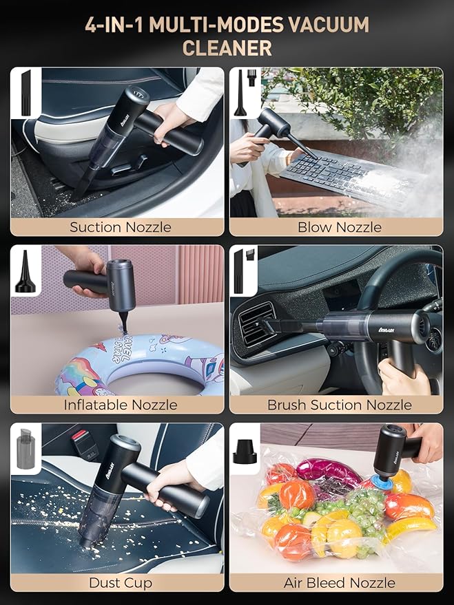 aokway Car Vacuum Portable Cordless 15000PA Powerful Suction, 7500mAh, 4-in-1, High Power Mini Vacuum Cleaner for Car, Home, PC, Keyboard, Desk Cleaning Small Handheld Rechargeable (Black)