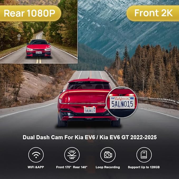 Fitcamx Front 2K+Rear 1080P Dash Cam Suitable for Kia EV6 2022-2025 Light Long Range GT Line Wind, OEM Look, Dual HD Video, Loop Recording, Built-in WiFi & APP, G-Sensor, Easy to Use, 64GB Card