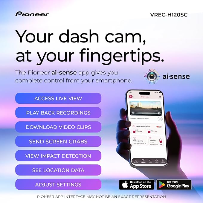 Pioneer VREC-H120SC Compact Dash Camera – Discreet 1.5K Resolution Front Dash Cam for Cars with Impact Detection, 120 Degree Wide Angle Coverage, Built-in WiFi, Companion App, USB-C Easy Install