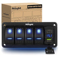 Nilight 4 Gang Rocker Switch Panel Blue Backlit with PD Type C and USB Charger Voltmeter Waterproof 12V 24V DC Switches with Night Glow Stickers for Car Trucks Boats RVs