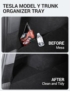 BASENOR 2020 2021 Tesla Model Y Trunk Organizer, (Proprietary Design) Waterproof Rear Trunk Storage Bins Side Box with Carpeted Lip Interior Accessories Set of 2 for 5-Seater