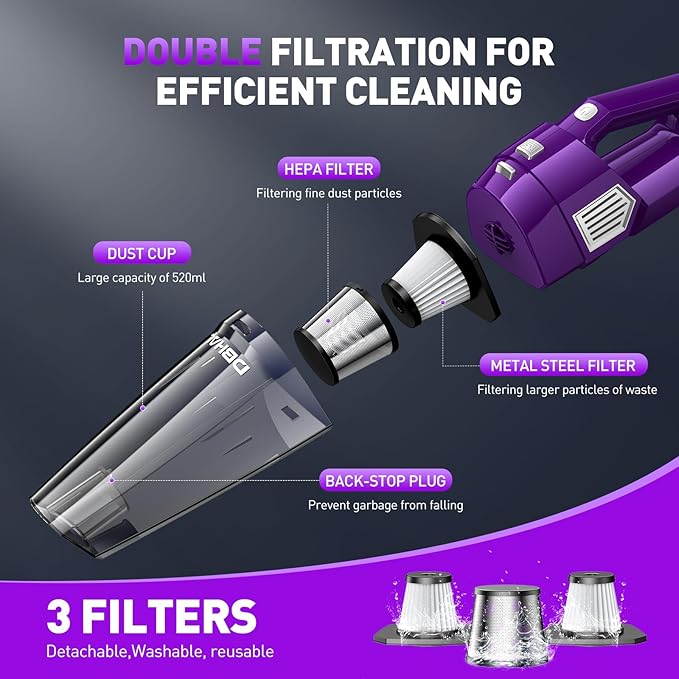 Handheld Vacuum Cordless, 15000PA Powerful Suction Car Vacuum Cleaner Lightweight with Multi Accessories, Hand held Vacuum Cleaner Cordless Rechargeable for Car Home