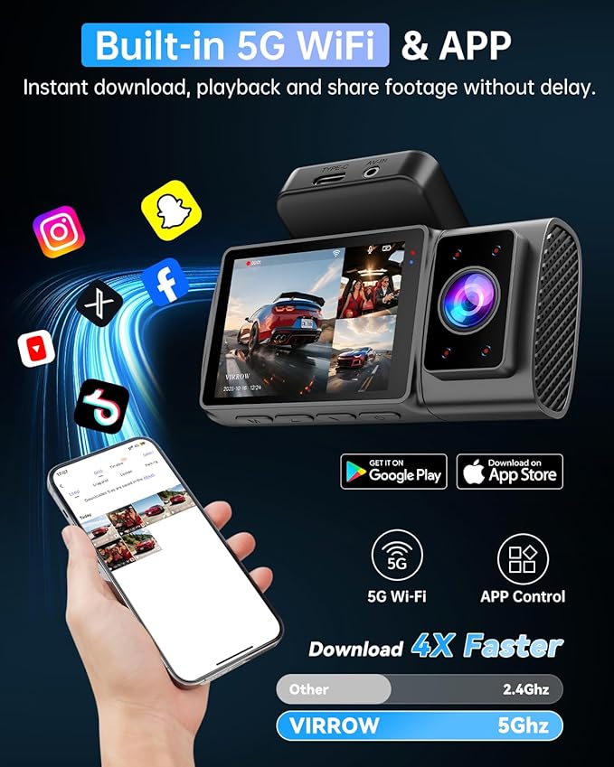 Dash Cam Front and Rear Inside - 3 Channel Dash Cam (4K+1080P+1080P) Built-in 5GHz WiFi APP & 64GB Card - Dashcam with IR Night Vision - Dash Camera for Cars Parking Mode G-Sensor Loop Recording(X7)