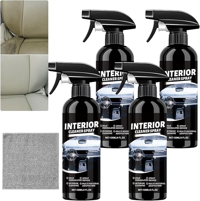 Multipurpose Interior Car Cleaner, Car Cleaning Kit, Upholstery Cleaner for Leather, Vinyl, Dashboard, Removes Dirt, Grease and Stains, Restores Gloss, Refreshed Scent (4Pcs)