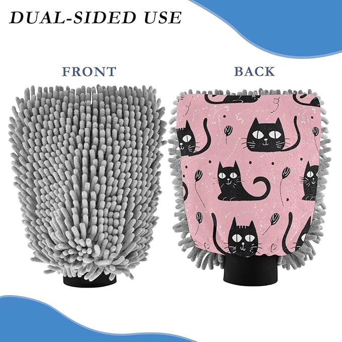 Blueangle 2 Pack Black Cats Car Wash Mitt - Chenille Microfiber Scrub Mitts for Scratch-Free Car Washing & Home Cleaning, Auto Detailing Mitt（506）