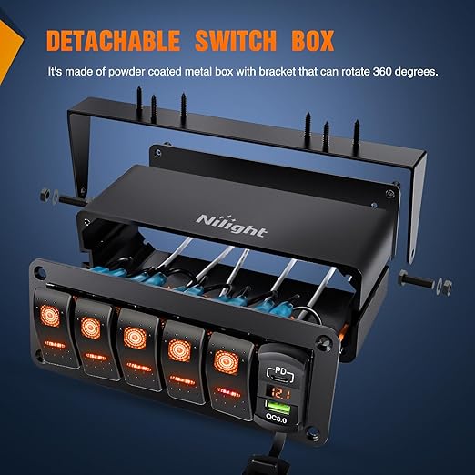 Nilight 5 Gang Rocker Switch Box 12V SPST ON Off Toggle Switches PD Type C and QC 3.0 USB Sockcet Voltmeter Orange LED Light Waterproof Aluminum Mount Bracket Panel DIY Stickers for Boat Car RV Truck
