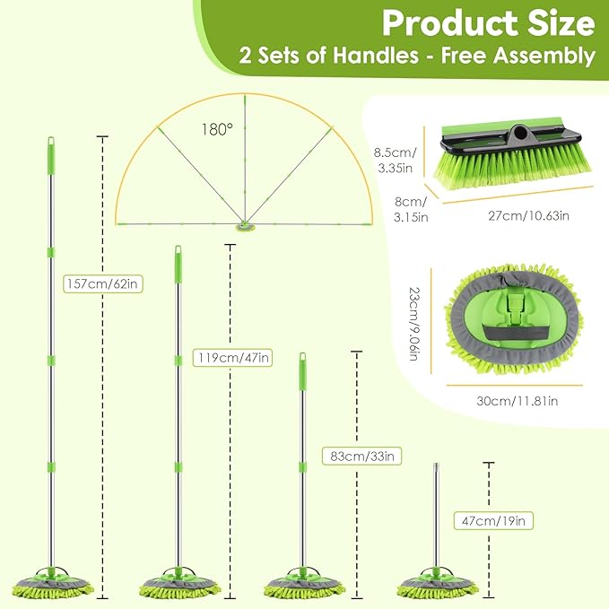 2 Pack Car Wash Brush with Long Handle, 62" Microfiber Car Wash Mop and Car Washing Brush Combo Set, Scratch-Free Soft Bristle Car Wash Mop Brushes Cleaning Kit for Exterior Car, Truck, RV, Boat
