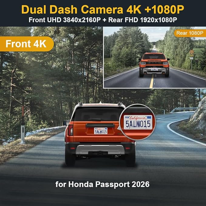Fitcamx Front 4K+Rear 1080P Dash Cam for 2026 Honda Passport (HD2-D4100) RTL TrailSport Touring Blackout Elite, OEM Look, Dual HD Video, WiFi & APP, Loop Recording, G-Sensor, Easy to Use, 128GB Card