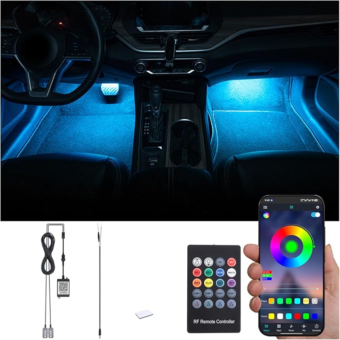 RGB Car Footwell Ambient Lighting Kit 16.7 Millions Colors Sound Active Music Sync APP Control + RF Remote Controller DC Line Car Interior Multicolored Footwell Atmosphere Light