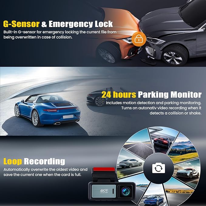 4K Dual Dash Cam Front and Rear, 4K+1080P FHD Car Camera,Dash Camera for Cars Car Camera with GPS WiFi App Control 150° Wide Angle Night Vision G-Sensor Loop Recording 24H Parking Monitoring