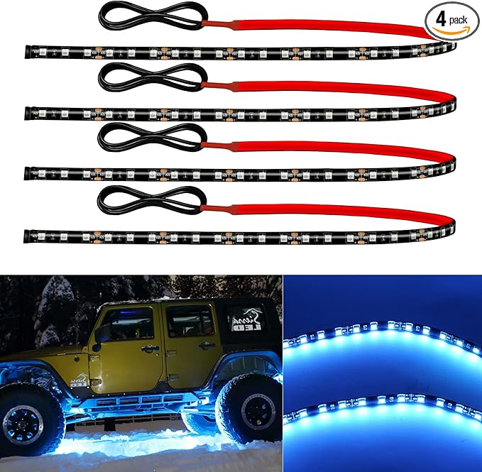 12V Led Light Strip Connectable 24Inch ICE Blue Led Strip Lights for Car Underglow Kit Golf Cart Motorcycle Boat Cabinet Waterproof Led Light Strip,4Pack