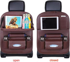 Car Back Seat Organizer with Foldable Table Tray, PU Leather Backseat Organizer for Kids Toddlers Travel, Car Kick Mats Seat Back Protector Storage Pocket with Touch Screen Tablet Holder