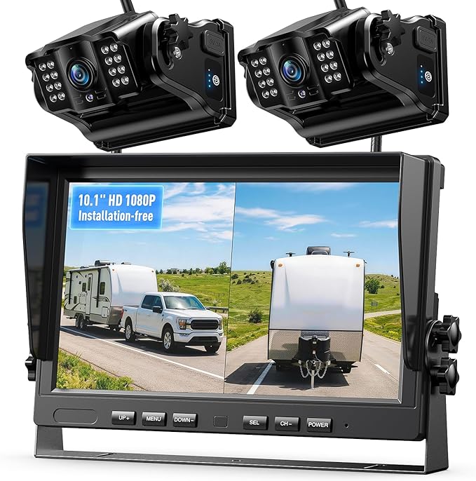 eRapta Magnetic Wireless Backup Camera Kit with HD1080P 10” DVR Monitor, Dual RV/Trailer/Truck/Tractor Cameras Wireless System, No Wiring, 9600mAh Rechargeable Battery, IR Night Vision-ACT1002