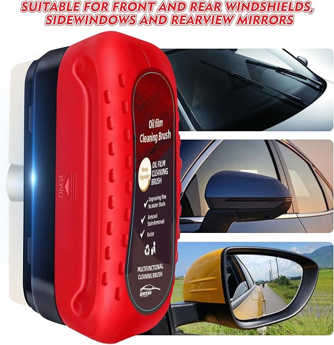 Automotive Oil Film Cleaning Brush with Reusable Foam Sprayer, Upgraded Antifog Glass Cleaning Board, Glass Oil Film Remover for Car Windows & Windshields, Versatile Car Glass Cleaner Brush (Red)