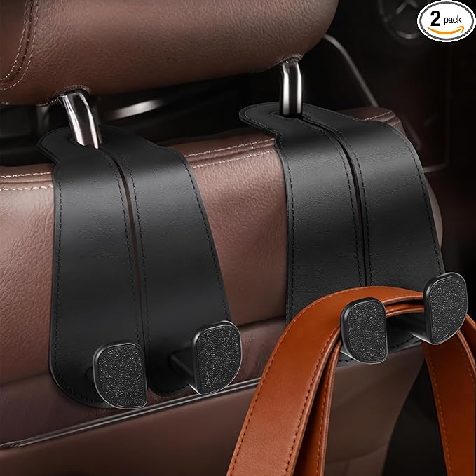 CoBak Extra Wide Car Seat Back Hooks, Premium Stitched Leather Headrest Hangers with Wide Slot Structure, Universal for Any-Width Purses, Handbags, Bags (2 Pack), Black