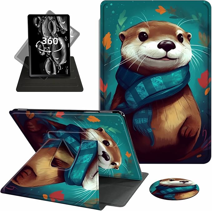 Case for Kindle Scribe,360 Degree Rotating Swivel PU Leather Stand Flip Folio Cover with Auto Wake/Sleep for Amazon Kindle Scribe Cover 10.2 Inch (2024/2022 Release),Cute Otter Green