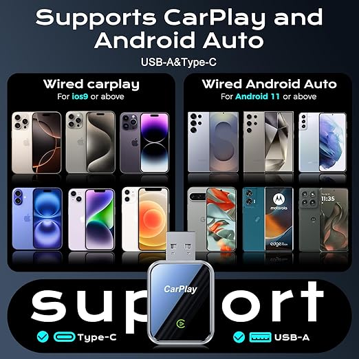CarPlay Wireless Adapter for iPhone & Android Auto,Plug and Play Mini Size 2 in 1 Apple Wireless CarPlay Adapter,Easy Setup Fit Android & iOS 10+,Extension Cable USB & USB-A/Type-C,Stable Control