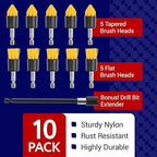 Impresa Drill Brush Attachment Set - Pack of 10, 5 Tapered & 5 Flat, 6 in Extender - Rotary Grout Cleaning Brushes - Crevice Reach with Drill Extender Attachment - Home & Auto Detailing Scrub Heads
