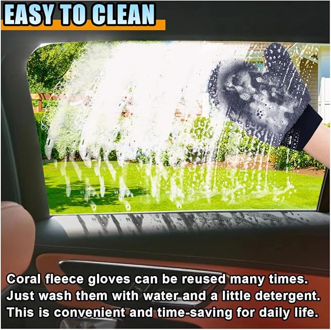 2PCS Coral Fleece Car Wash Mitts, No Scratch Microfiber Wash Mitt Car Cleaning Glove with Thumb, Reusable Dusting Mitt with Elastic Wrist Cuff for Car Washing and Detailing (Thumb Glove)