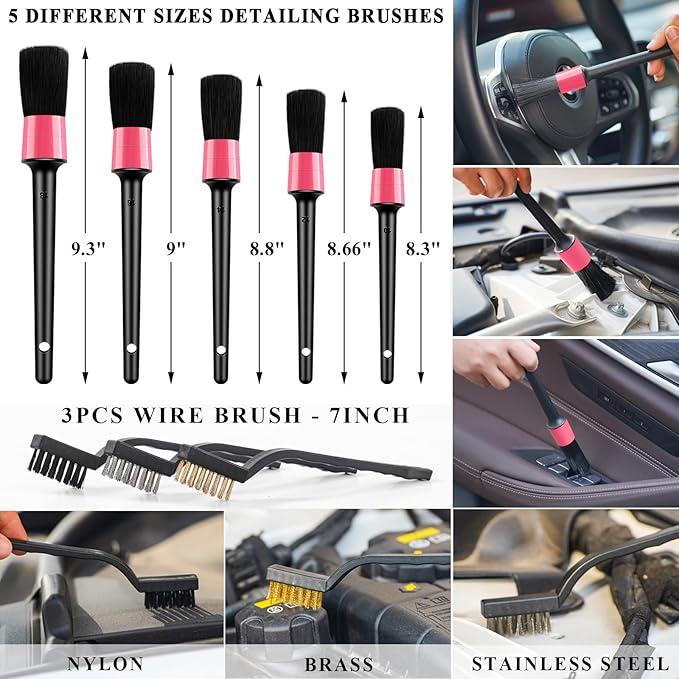 AUTODECO 39Pcs Car Cleaning Wash Kit Interior Detailing Cleaner Kit with High Power Handheld Vacuum, Brush Set, Windshield Tool, Duster, Towels, Tire Brush, Complete Car Care Tools, Pink