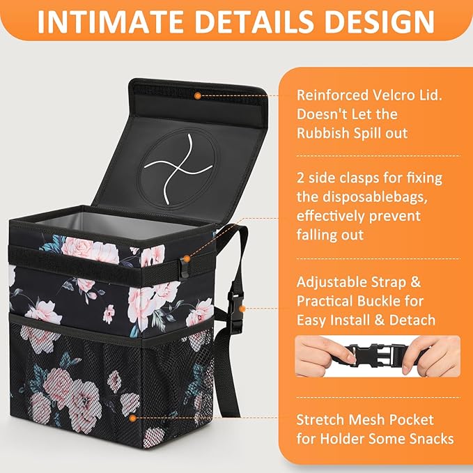 Vankor Car Trash Can for Car Cute,Bag Bin Hanging Waterproof Automotive Garbage Cans Leak Proof Vehicle Trash Can Black Floral
