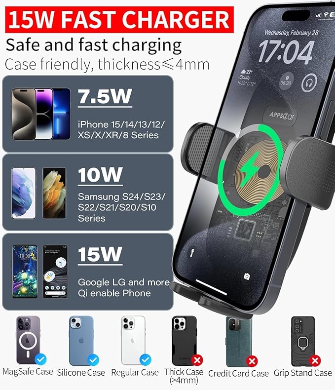 APPS2Car 15W Qi Wireless Car Charger Cup Phone Holder, Fits 3"–4" Round Cup Holders, Adjustable Long Arm & 360° Rotation, Compatible with iPhone 17 16 15 14 13 Pro Max