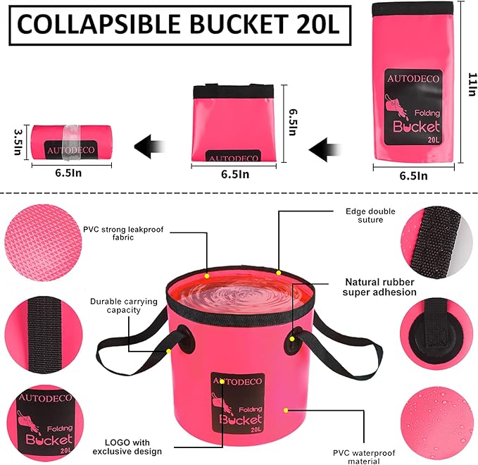 AUTODECO 41Pcs Car Cleaning Wash Kit Interior Detailing Cleaner Kit with High Power Handheld Vacuum, Collapsible Bucket, Windshield Tool, Snow Shovel, Tire Brush, Complete Car Care Tools, Pink