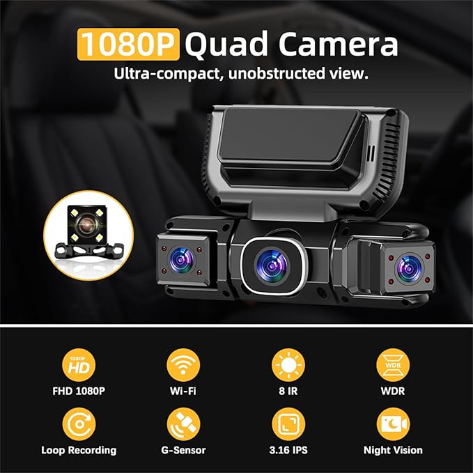 Nexvo Quadguard 360 Pro Dash Cam, 4k 4 Channel Dash Cam, 360° Dash Cam Front and Rear View 4 Channel Dash Camera, Built-in GPS, 8 Ir Night Vision, G-Sensor, 24h Parking Mode (X145-WIFI)