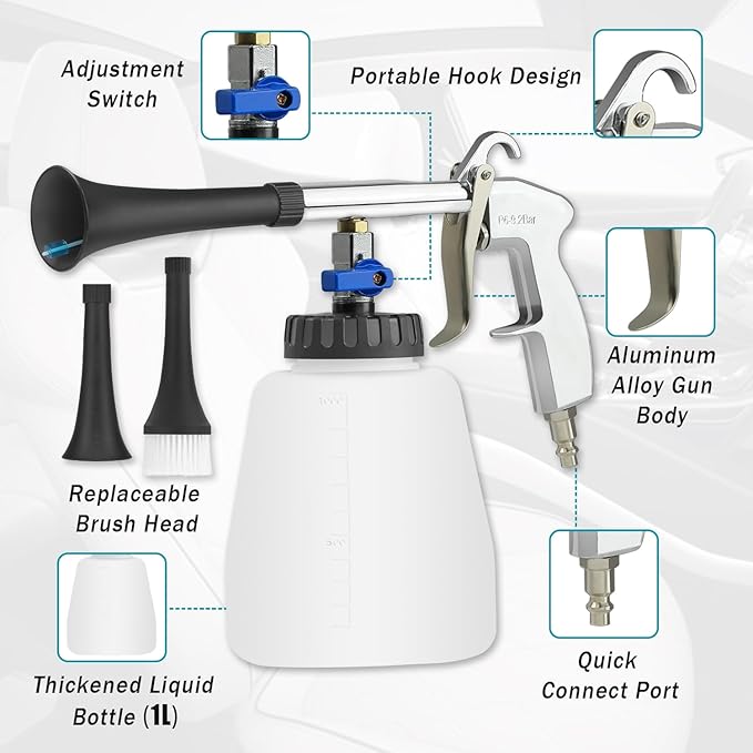 Car Cleaning Air Gun with 2 Nozzle Sets,Foam Bottle, Brush Head, Cleaning Sponge,Interior Cleaning Kit for Vehicle Upholstery, Carpet, and Seats