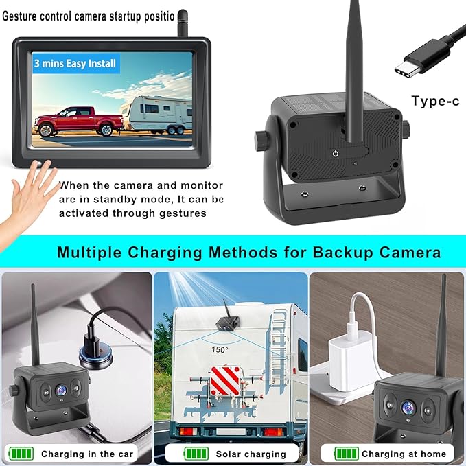 YEOIZO Wireless Backup Camera for Trucks, Solar Magnetic, Portable, No - Drill, No - Wire, 3 Min Easy Install, Night Vision, Rechargeable with 5" HD Monitor Systems for Car, Small RV, Camper, Trailer