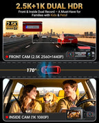 2.5K+1080P Dual Dash Cam Front and Inside, WiFi & GPS Dash Camera for Cars with 32G Card, IR Night Vision, 3" IPS Screen, Inside Car Camera for Taxi Driver, Support 256GB Max, App Control