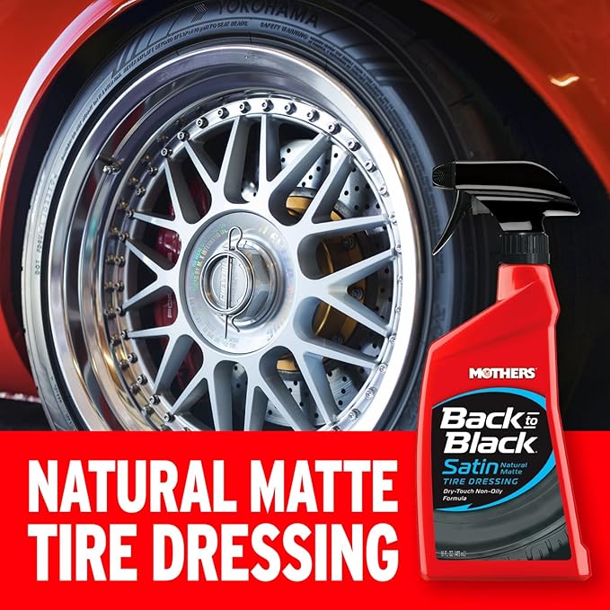 Mothers Back-to-Black Satin Tire Dressing, 16 oz. — No-Shine, Matte Finish, Dry-Touch, Non-Oily Formula Won’t Brown or Sling, Protects Tires, Natural Low-Sheen Finish (06816)
