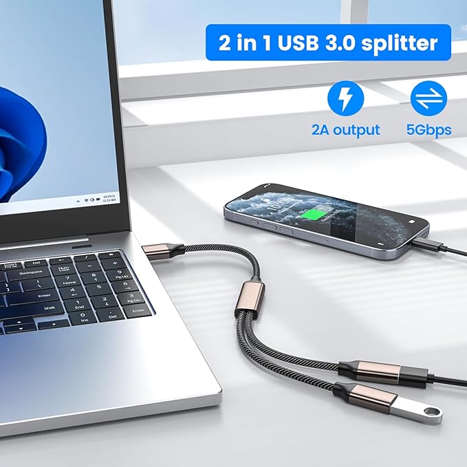 MOGOOD USB 3.0 Splitter 1 in 2 Out, 5Gbps Y Cable, Aluminum Shell & Braided Nylon, Durable USB Port Expander Hub for Laptop, Mac, PC, TV, PS5, Printer – Not for CarPlay/Android Auto