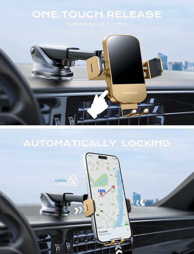 CHGeek Wireless Car Charger, 15W Fast Charging Auto Clamping Car Charger Phone Mount Phone Holder fit for iPhone 15 14 13 12 11 Pro Max Xs, Samsung Galaxy S24 Ultra S23 S22 S21, S20, S10+, Golden