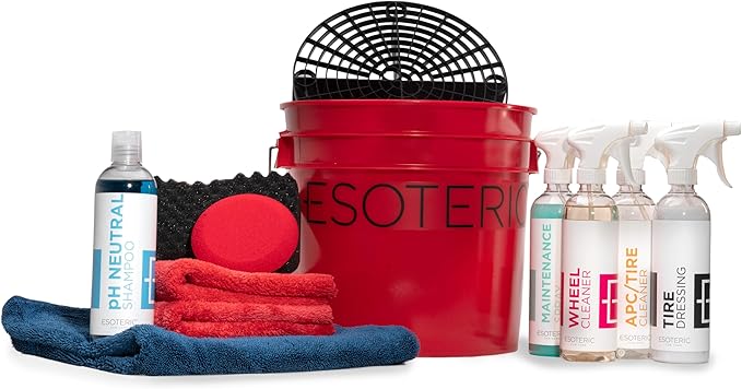 Esoteric Best Car Cleaning Kit | 12 Tools & Supplies | Bucket with Guard, Premium Microfiber Towels, Japanese Wash Sponge, pH Neutral Shampoo, Ceramic Spray, Wheel Cleaner, Tire Shine