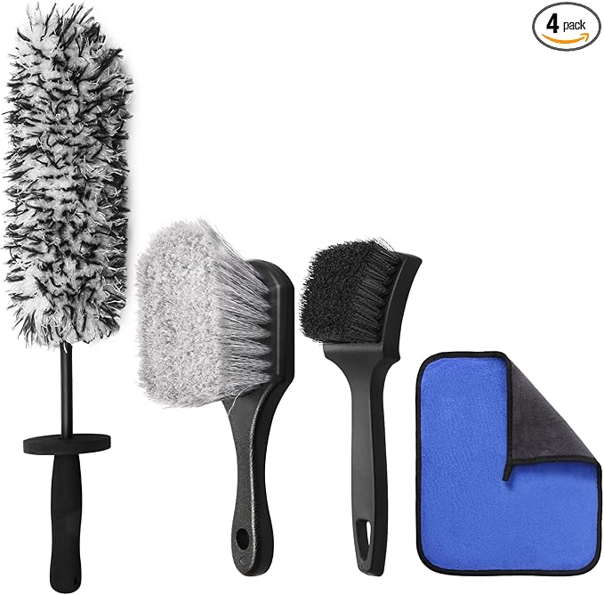 4PCS Professional Wheel Detailing Set - Metal-Free Flat Rim Brush, Dual-Hardness Tire Brushes & Lint-Free Towel | Scratch-Free Brake Dust Removal for All Vehicles