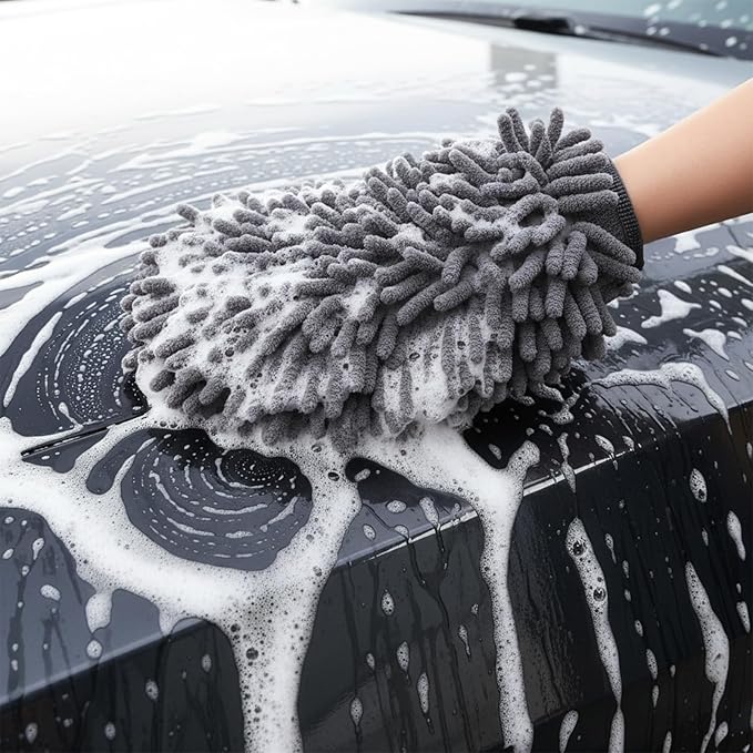 12 Pcs Car Wash Mitts, Scratch-Free Microfiber Chenille Glove Mitts for Auto Detailing, Lint-Free and Highly Absorbent, Double-Sided Plush Mitts in Green Blue Gray, 10.2 x 7.5 Inch