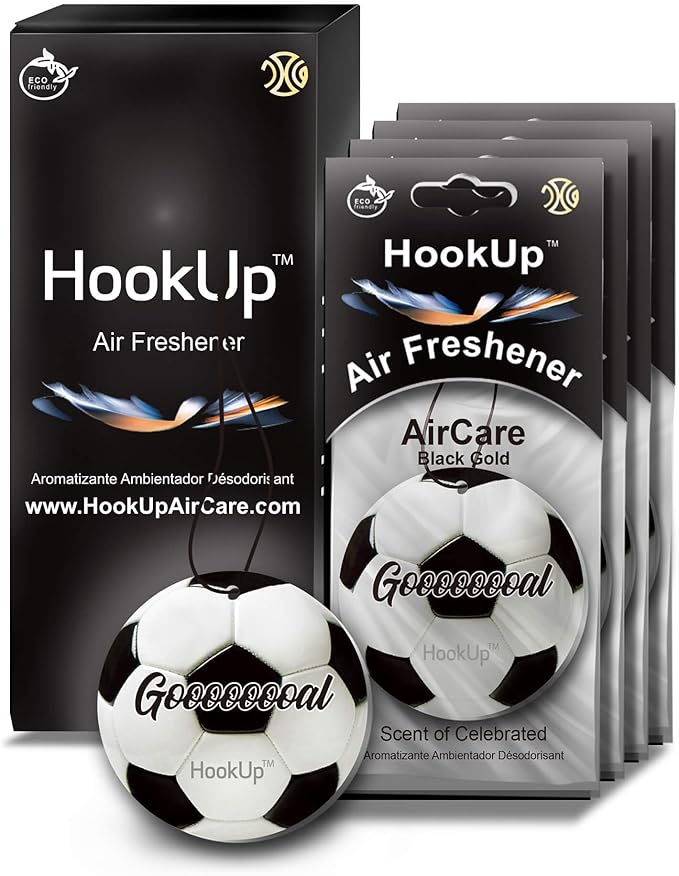Soccer Car Air Freshener by HookUp - 4 Pack - Black Gold Scent (Extra Strong) | Unique Soccer Gift for Players, Coach, Fans | Hanging Car Accessory with Long Lasting Fresheners Smell