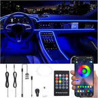 Car Interior Ambient Lighting Kit USB Multicolor RGB 3m Optic Fiber 64 Colors Sound Music Sync Wireless RF Remote Controller + Bluetooth APP Control Car Atmosphere Light with car Charger 12V