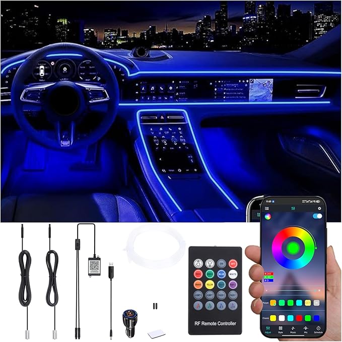 Car Interior Ambient Lighting Kit USB Multicolor RGB 3m Optic Fiber 64 Colors Sound Music Sync Wireless RF Remote Controller + Bluetooth APP Control Car Atmosphere Light with car Charger 12V