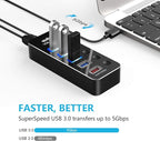 Powered USB Hub, atolla Aluminum 5-Port USB 3.0 Hub with 4 USB 3.0 Data Ports and 1 USB Smart Charging Port, USB Splitter with 5V/3A Power Adapter and Individual Switches