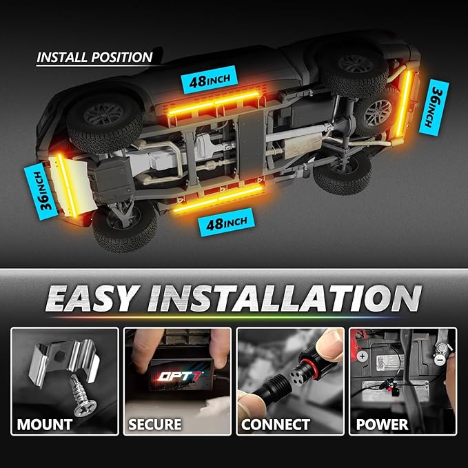 OPT7 Aura Pro Underglow LED Lights Kit for Cars with APP & Remote Control, RGB Multicolor Modes, Music Sync, Waterproof Rigid Aluminum Light Bar, Exterior Neon Accent Underbody Lighting, Car Gifts