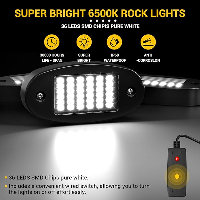 Hovano 16 Pods White Rock Light Kit with Wired Switch - 6500K Pure White LED Underglow, IP68 Waterproof, Super Bright 36 LEDs for Trailer Off Road SUV UTV ATV RZR Car