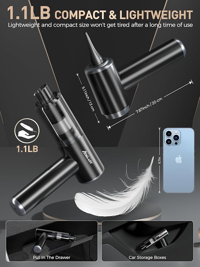 aokway Car Vacuum Portable Cordless 15000PA Powerful Suction, 7500mAh, 4-in-1, High Power Mini Vacuum Cleaner for Car, Home, PC, Keyboard, Desk Cleaning Small Handheld Rechargeable (Black)