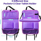 Car Seat Back Organizer Table Tray, Car Seat Storage Organizer for Kids with Foldable Tablet Holder, 6 Storage Pockets Kick Mats 600D Oxford, 2 Pack Purple