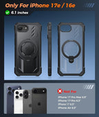 FNTCASE for iPhone 17e Phone Case: for iPhone 16e Case with [360 Spin Magnetic Ring Kickstand] [Compatible for MagSafe] [Screen Protector] Heavy Duty Military Grade Protection Case Translucent Black