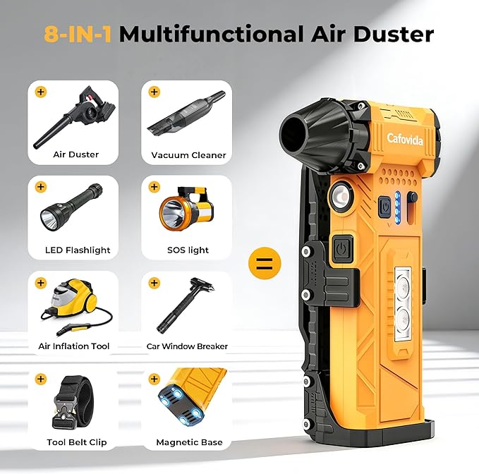 Electric Air Duster & Vacuum 2-in-1, 180000RPM Brushless Motor, Rechargeable Compressed Air Duster with 8000mAh Battery, Stepless Speed Control, 7-Mode Light Mini Blower for PC, Car, Home, Outdoor